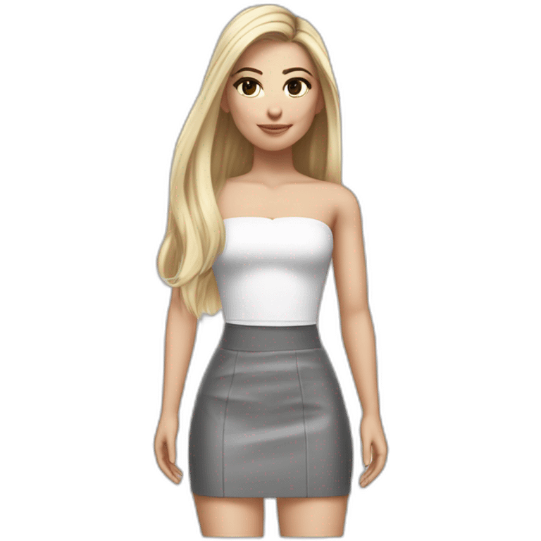 hyperrealist caucasian long straight hair blonde brown eyes strapless white low cut top gray tight mini skirt black shoes complete body emoji