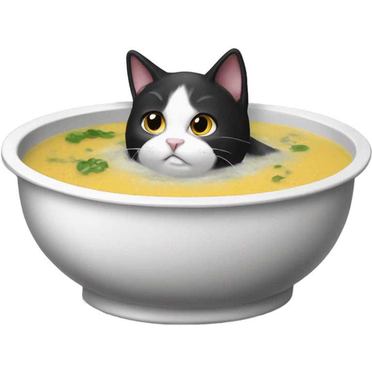 a tuxedo cat bathing in soup emoji