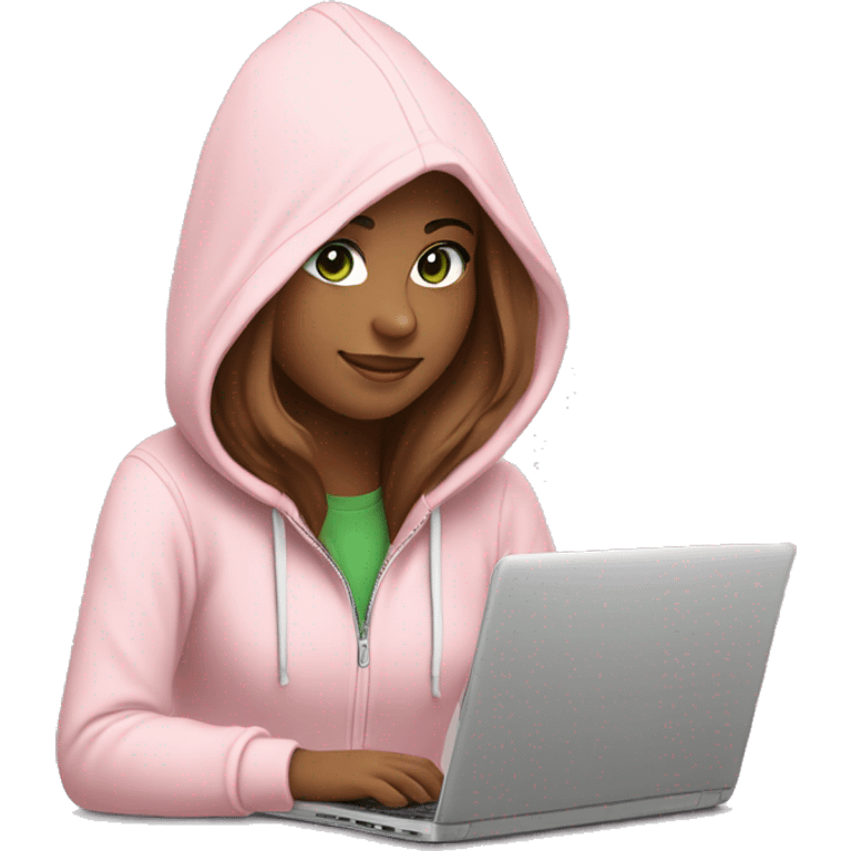 a girl with brown long hair, fair skin, green eyes, works relaxed and smiling at a modern laptop in a monochrome pale pink zip hoodie with a hood that is slightly pulled over her head emoji