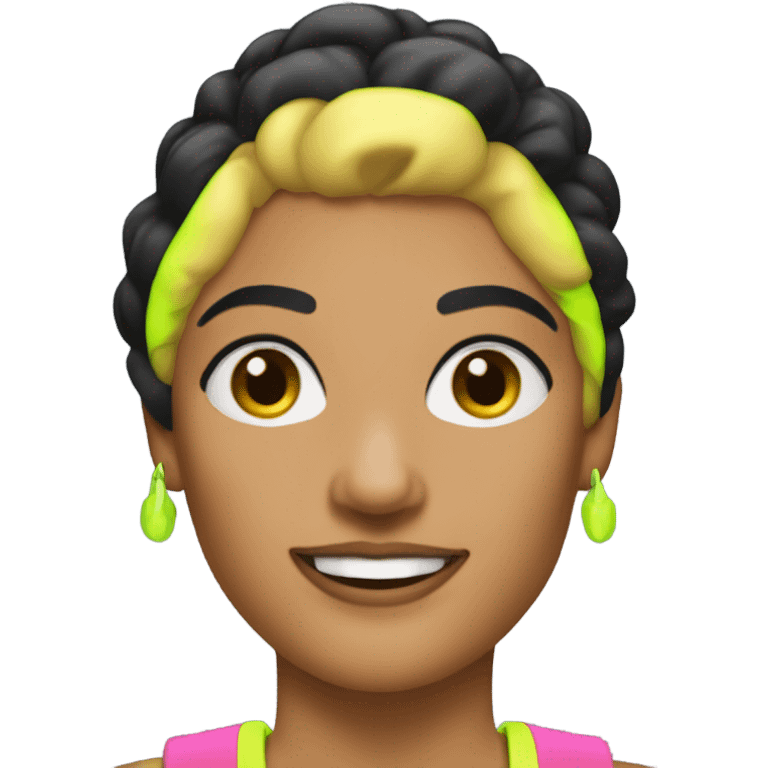 Tanned woman with black hair dressed in 1980s fitness hair, makeup, and neon attire  emoji