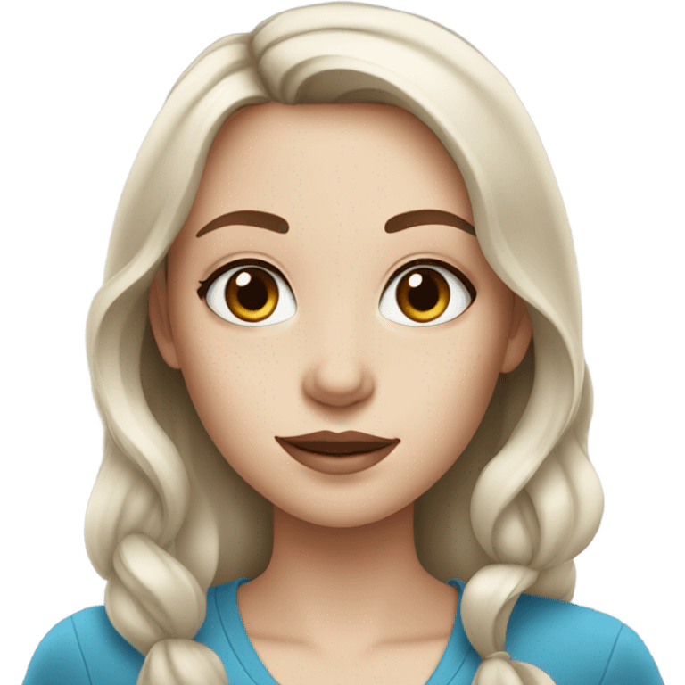 Girl doing her makeup steps on white skin while having Brown hair and blue eyes and freackles emoji