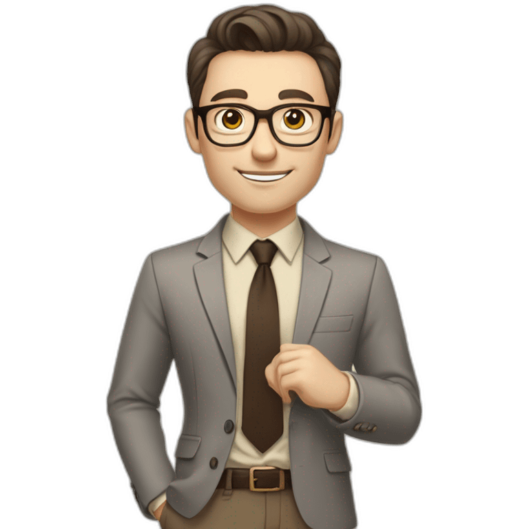 Pale skinned fit man with dark brown hair in gray jacket, beige office shirt, brown tie, brown pants and vintage glasses Writing on the flipchart emoji