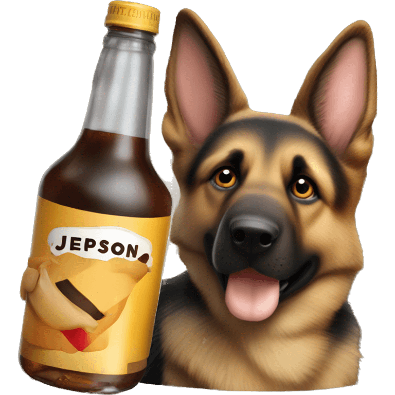 German shepherd holding a bottle of jeppson malort emoji