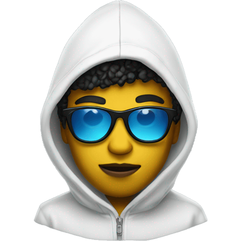 cool black boy with yellow sunglasses and white hoodie with MAC written on it in blue emoji