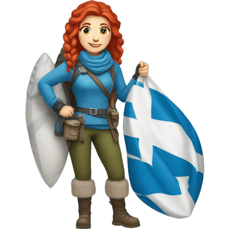 female winter mountaineer red hair holding greek flag and easter egg emoji