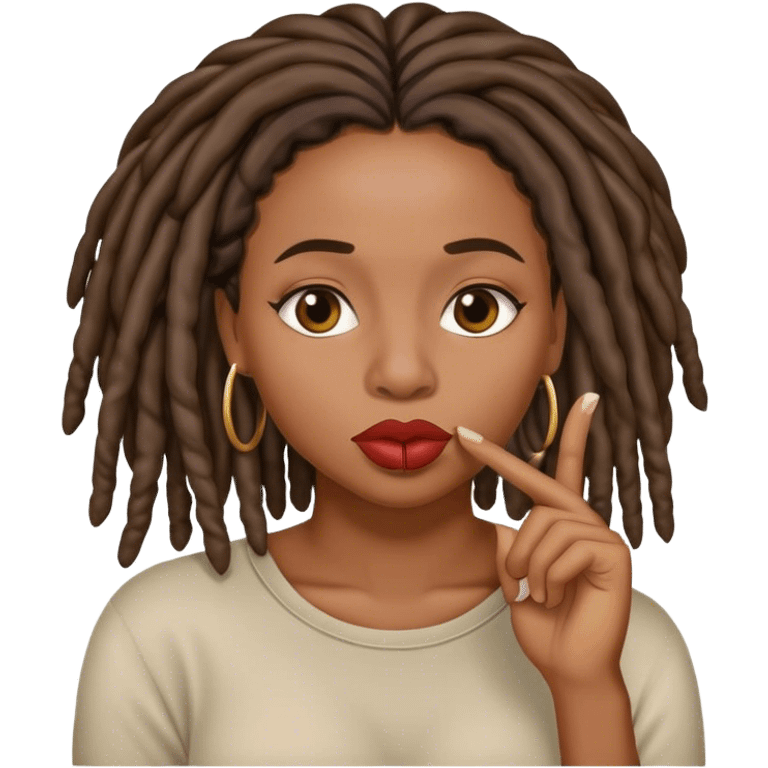 Black woman with locs shushing finger on lips emoji