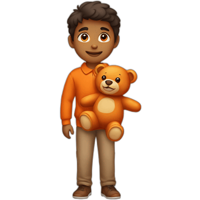 indian kid wearing a collared brown sweater polo holding a orange teddy bear emoji