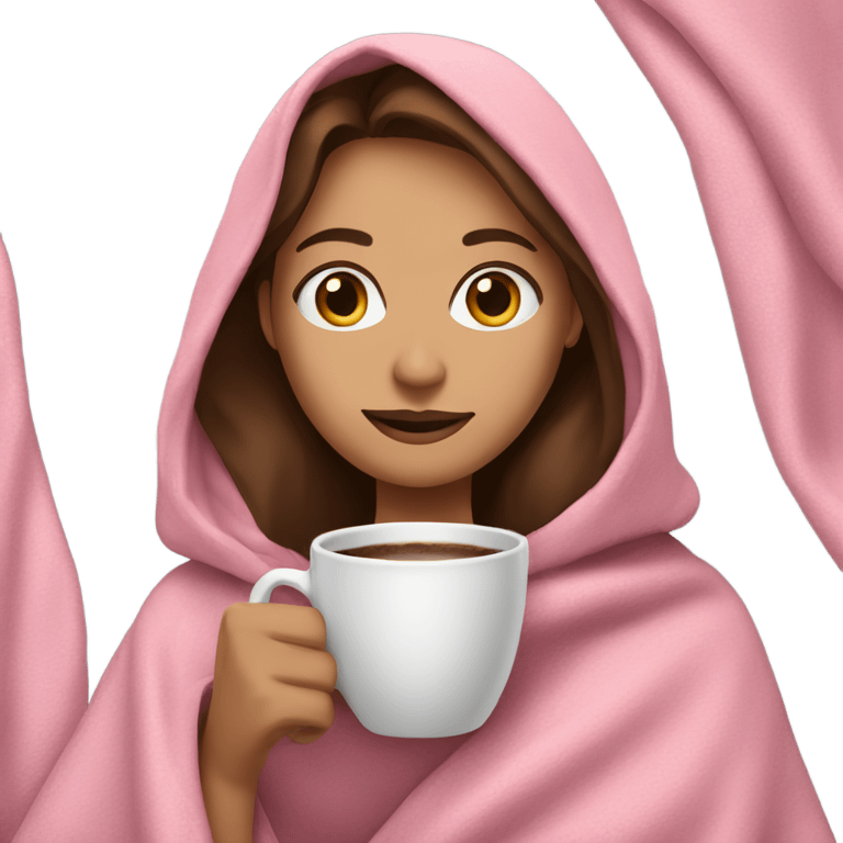 woman with brown hair and eyes in pink blanket holding cup of coffee emoji