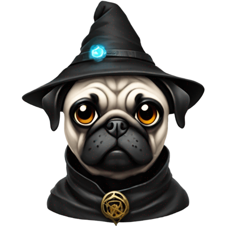 cyberpunk pug wearing a black wizard's hat emoji