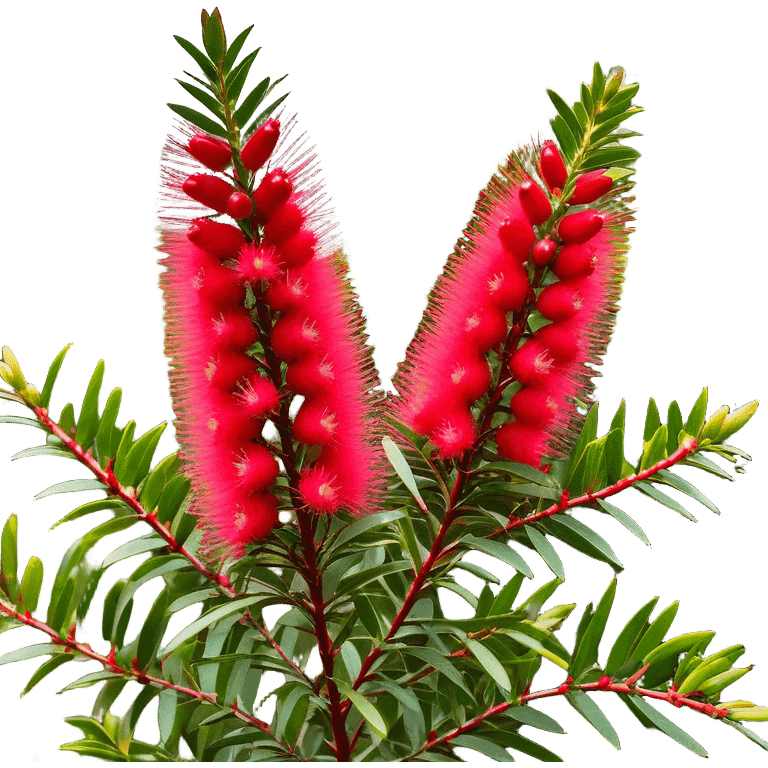 Cinematic Realistic Callistemon Emoji, Vibrant and striking, with spiky red flowers resembling a bottlebrush. The slender leaves create a fine backdrop to the bold blooms, while the plant exudes energy and vitality. Soft glowing outline, capturing the essence of strength, color, and natural beauty in a brilliant callistemon tree! emoji