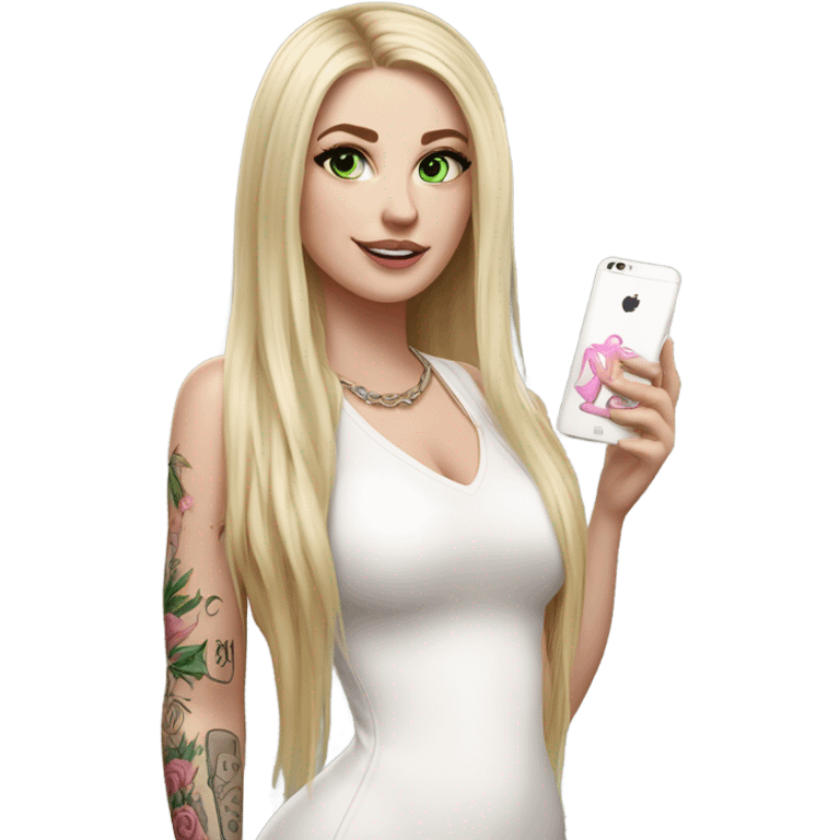 Realistic White girl with Long straight blonde hair, green eyes, tattoos, full body wearing white dress and pink knee-high leather boots, doing cute selfie pose emoji