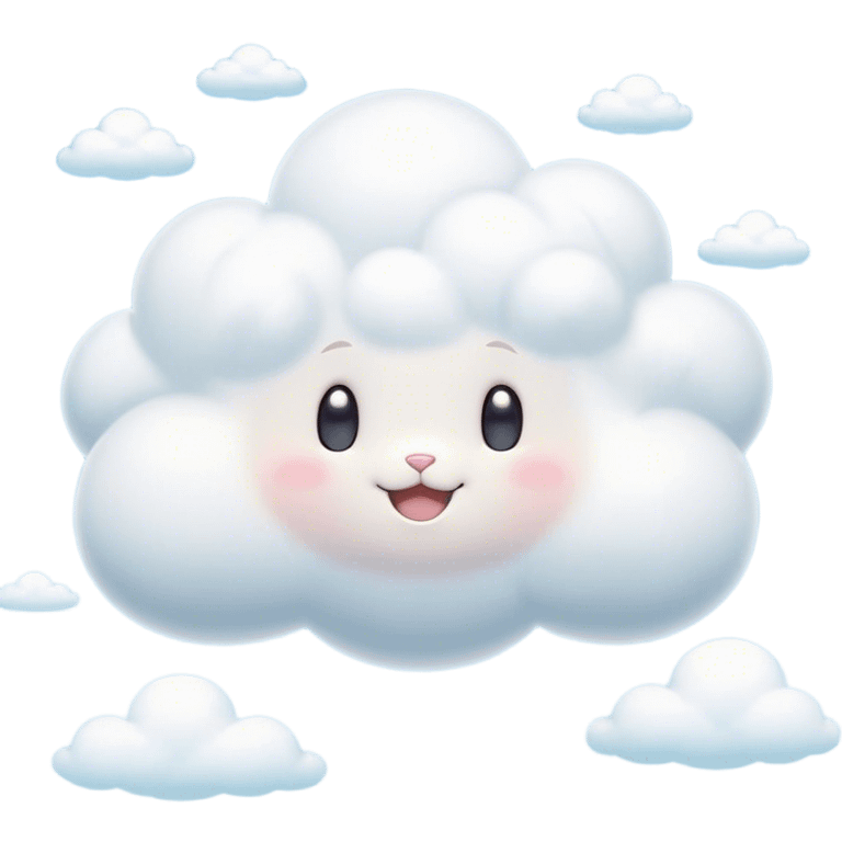 Cinematic tiny puffy bunny-shaped cloud, floating gently in the sky, soft glowing light, tiny rounded ears, smiling face, dreamy and magical. emoji