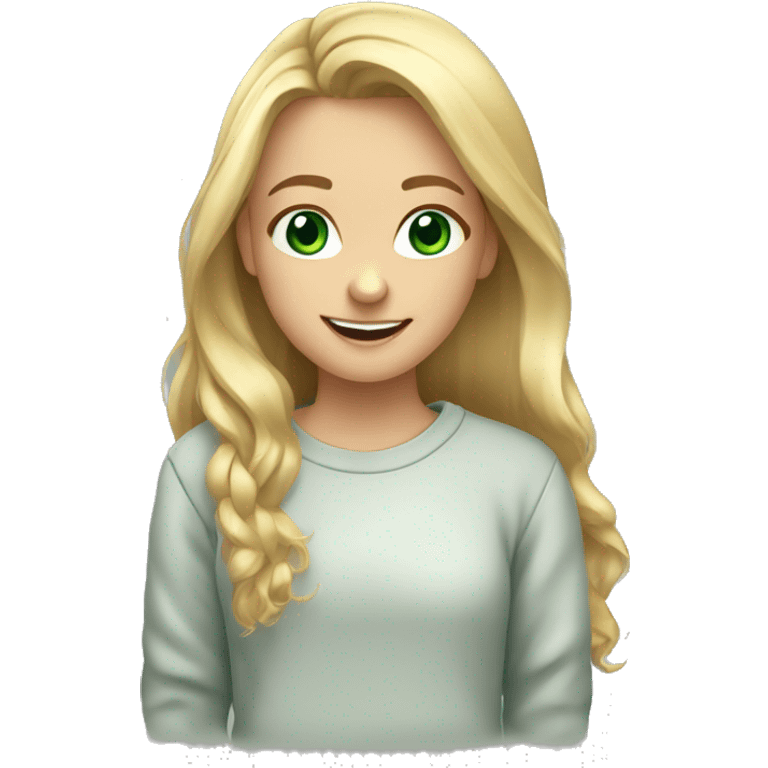 girl, long blondehair, smile, green eyes, sweatshirt emoji