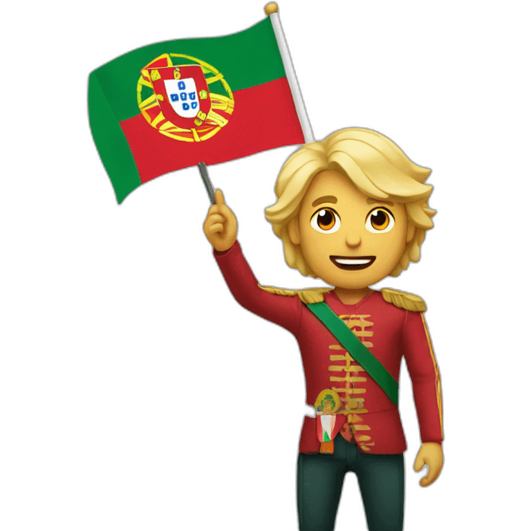 Man with blond hairs, iphone 15 pro in one hand, portugal flag in the other hand emoji