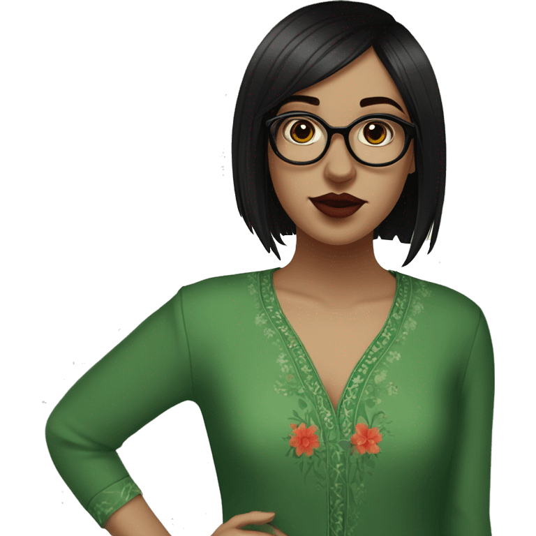 White girl in a green kurta with flower design, glasses, alot of piercing, gay, red lips, nose ring, full body, short straight black edgar hair, black straight hair, front bangs emoji