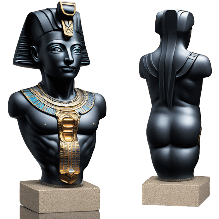 Osiris obsidian statue on granite 30 ton brick, massive size, sunlight behind, sunset colors, reflections on black stone polished clean perfect, photography angles emoji