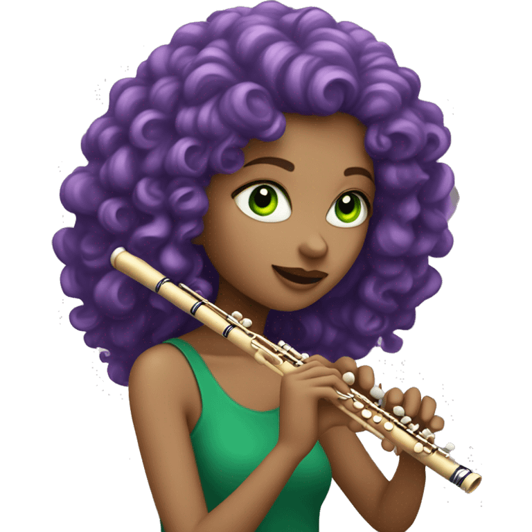 White girl with purple curly hair and green eyes playing flute emoji