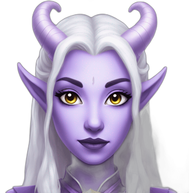 pure white tiefling priest girl, glowing lilac colored eyes emoji