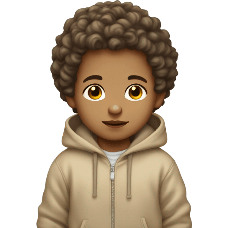 A light skin baby boy with a beige hoodie a tiny curly hair emoji