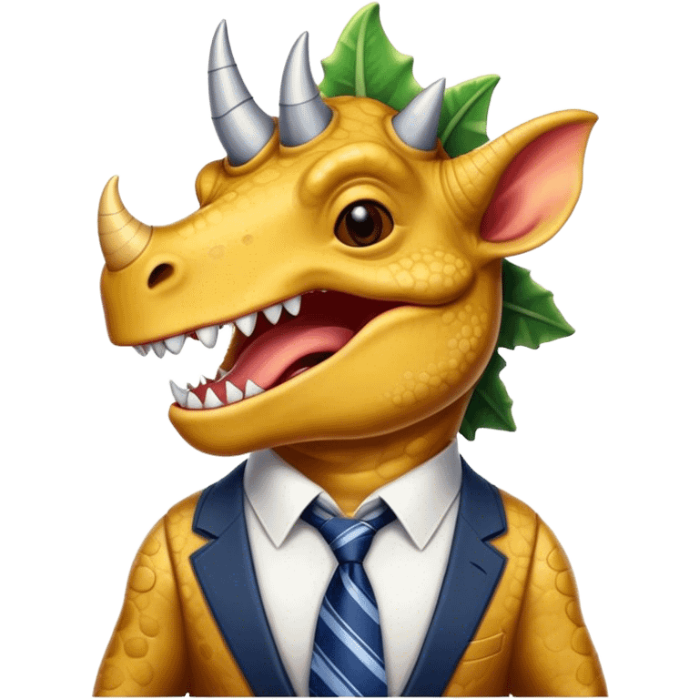 laughing face of a triceratops with a tie emoji