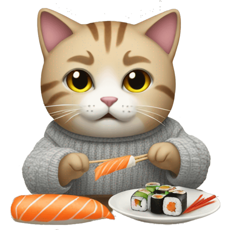 A cat wearing a sweater eating sushi  emoji