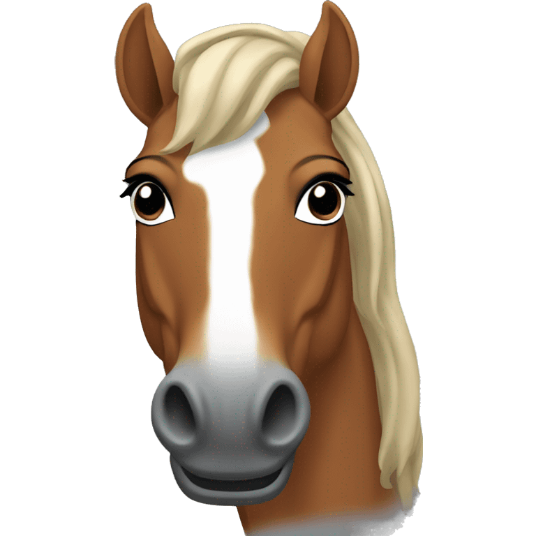 A chestnut horse with black mane on buck teeth, wearing a grey t-shirt emoji