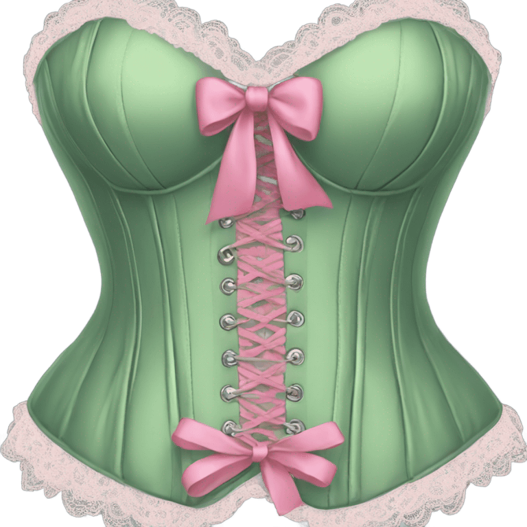 Sage green corset with pink lace and bows, isolated emoji