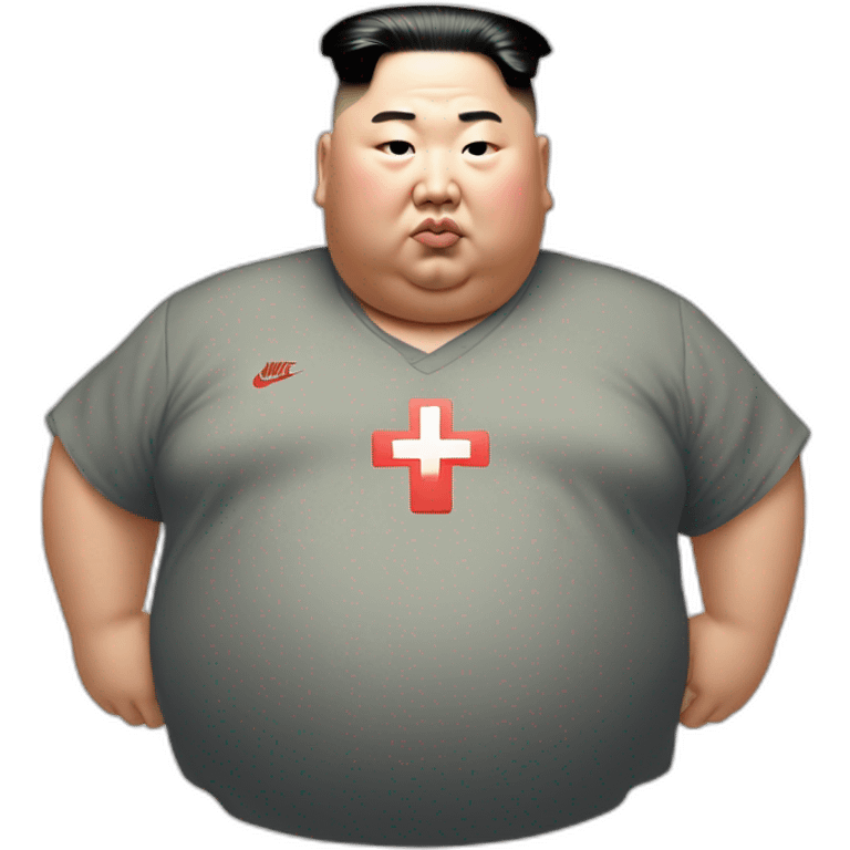 super fat Kim jong un wear shirt with a white cross which is NIKE LOGO emoji