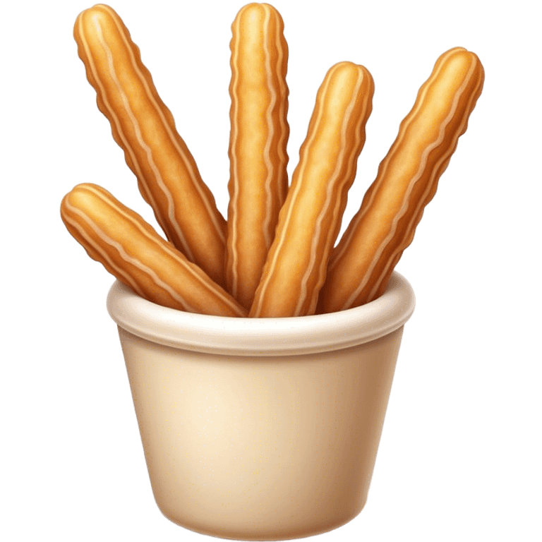 Cinematic Realistic Churros Dessert Emoji, showcasing crispy, golden-brown fried dough sticks dusted with sugar rendered with lifelike detail and warm, inviting lighting. emoji