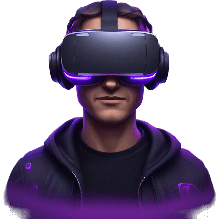 Russian man wearing a black hoodie with "OMG" letters on it and VR headset in a cyberpunk VR environment with violet neon lighting. emoji