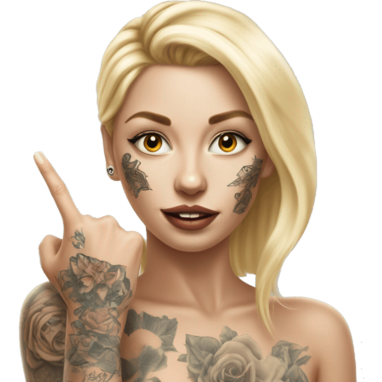 Blonde elegant women, her Body Covered with Tattoos, POINTING YOU FORWARD with her HAND with INDEX FINGER, Hyper realistic emoji