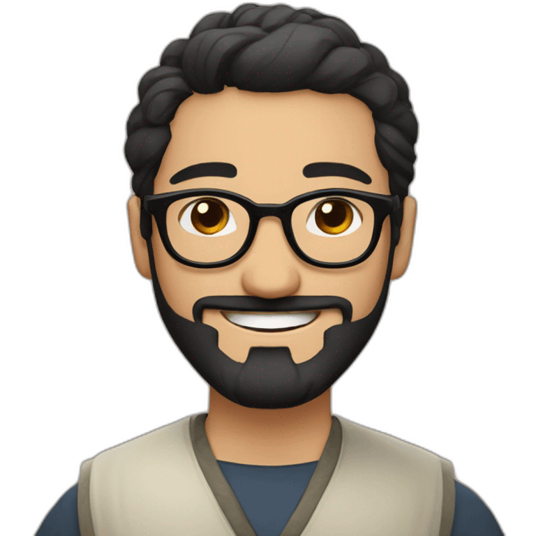 Arabic man, very short black hair, round hipster glasses, dark beard and mustache, round-ish face, brown eyes, beautiful smile, beautiful clothes inspired by japanese samurai emoji