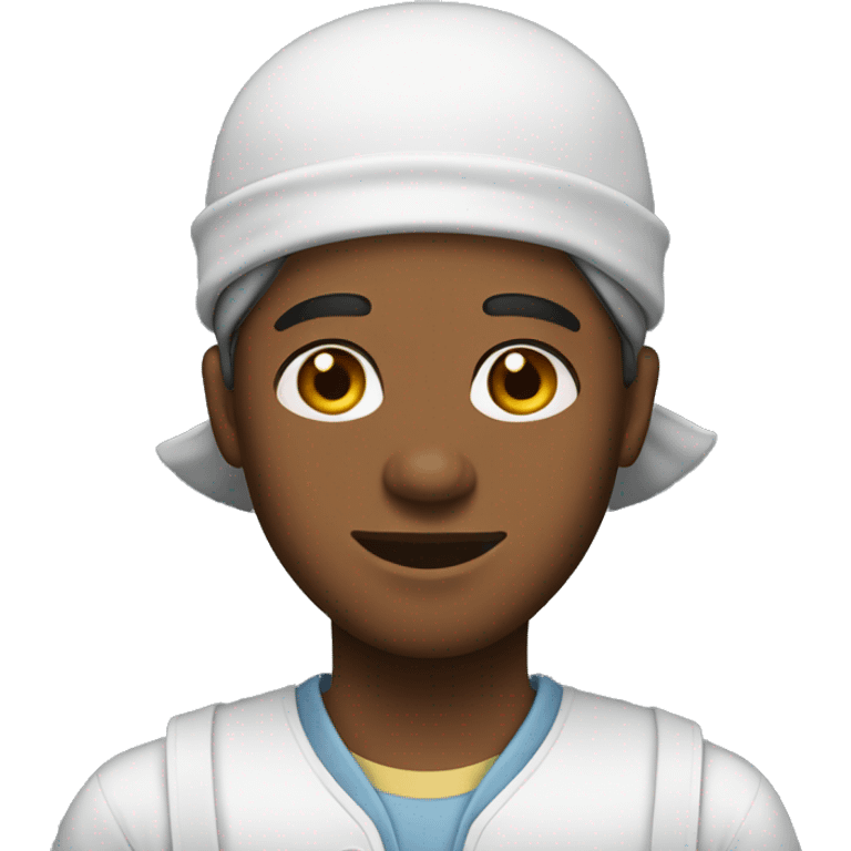 Young brown skin man wearing a bonnet in a Amazon work outfit  emoji