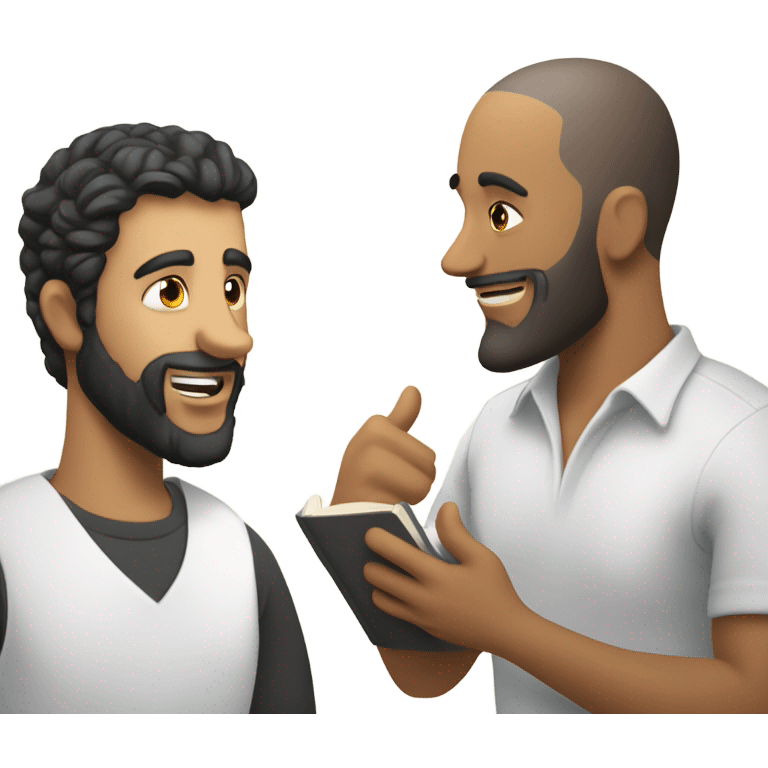 Bald Hispanic man with beard and brunette man with beard in a bible discipleship meeting  emoji