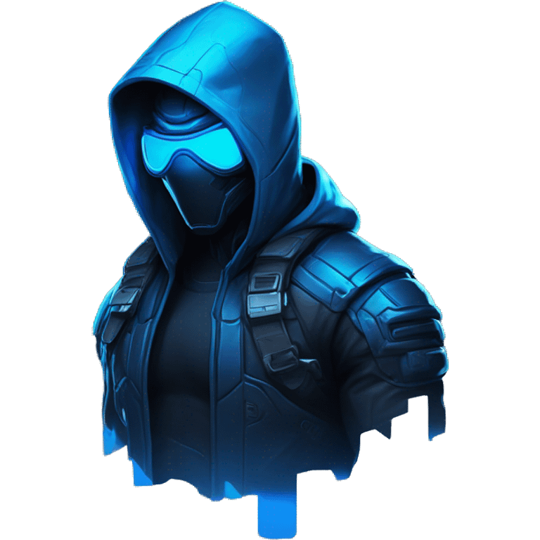 developer behind his laptop with this style : crysis Cyberpunk Riot Games Valorant neon glowing bright blue character blue black hooded assassin themed character emoji