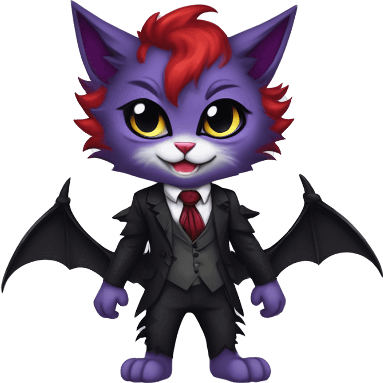 Anthro-Cute-Evil-Vampiric-Batty-Cat-Black-Purple-Red-Grey-White-Yellow-Contrast-Colors-Fantasy-Fur-Sona-Chibi-Shiny-Fakémon-Hybrid with horns and big fangs neck tie leg spats full body emoji