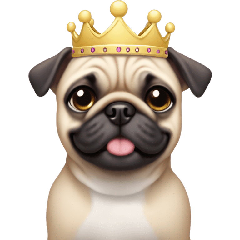 A cheerful little dog breed pug in pink dress with diademanny on head. emoji