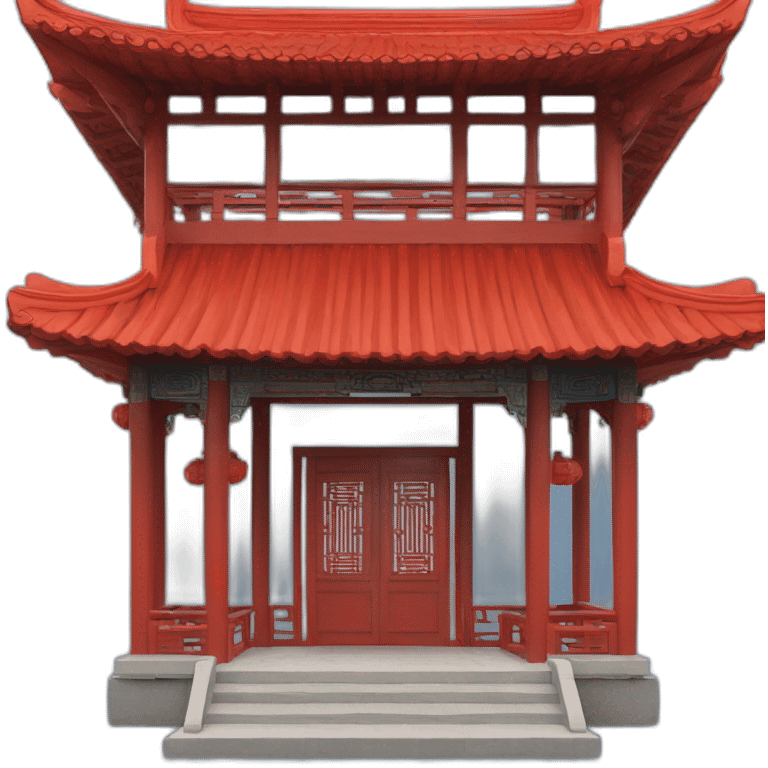 the front facade of a small Chinese-style house with a blue roof and red wooden structures emoji