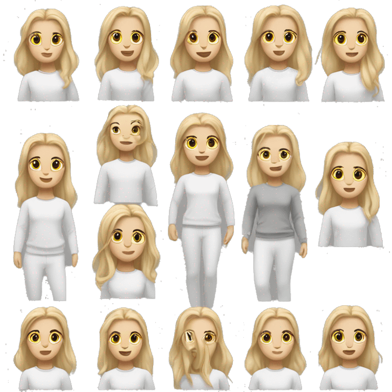 white raced, blonde hair with middle part, girl, long sleeve white lululemon shirt,  grey sweat pants  emoji