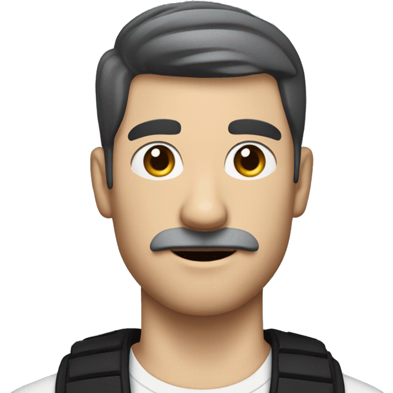 white man with a small square moustache and black side swept bangs short hair holding up his arm emoji