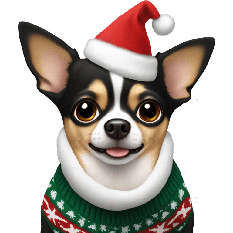 Black, brown and white chihuahua with a Christmas jumper on  emoji