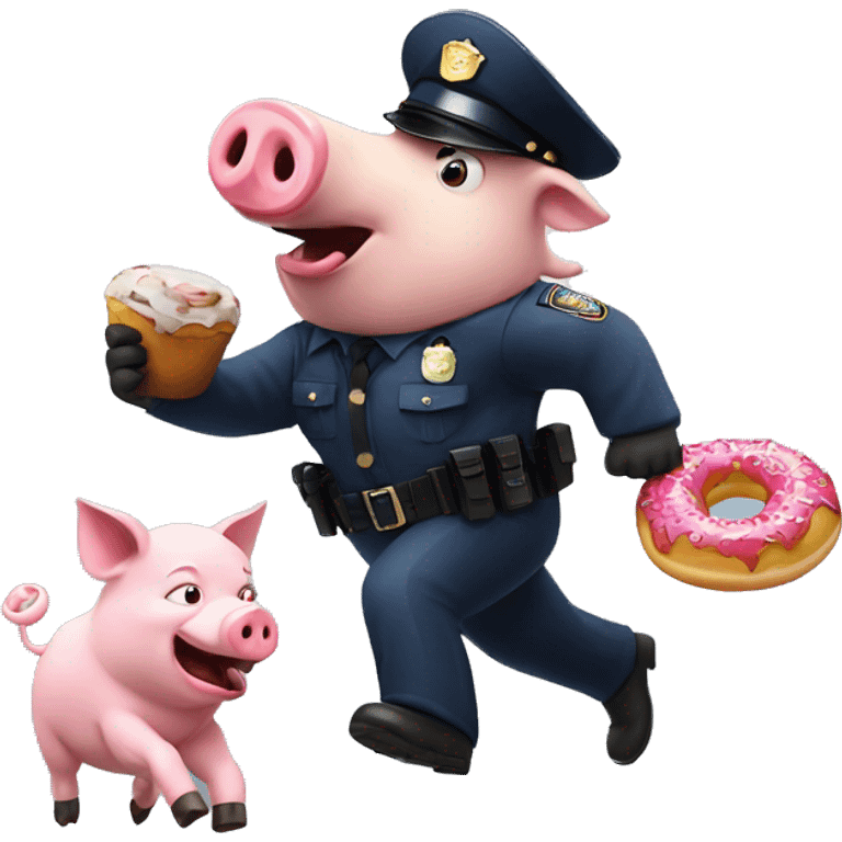 A pig cop eating a doughnut getting chased by a wolf emoji