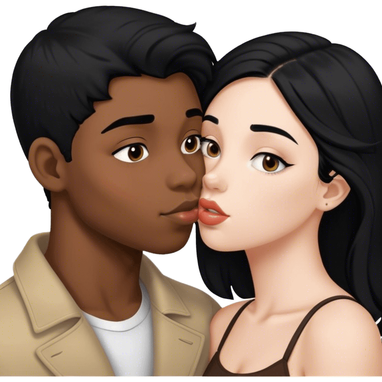 Black boy kissing white girl with black hair emoji