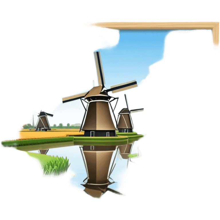 Cinematic Realistic Kinderdijk Windmills Landmark Emoji, showcasing traditional Dutch windmills aligned along a tranquil canal, with lush green fields, soft ripples in the water. emoji