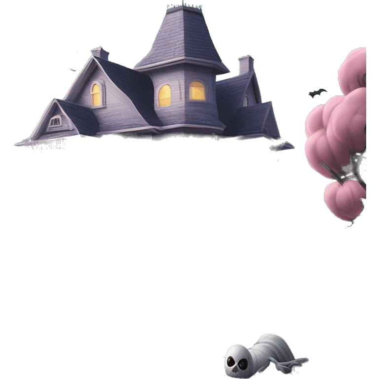 Barbie’s and Batman’s 6 story tall very haunted dream house with complete wrap-around porch, tall thorn bushes,and ghosts,guests, and spider webs everywhere and some broken windows and boards. The grass in the yard is dead.  emoji