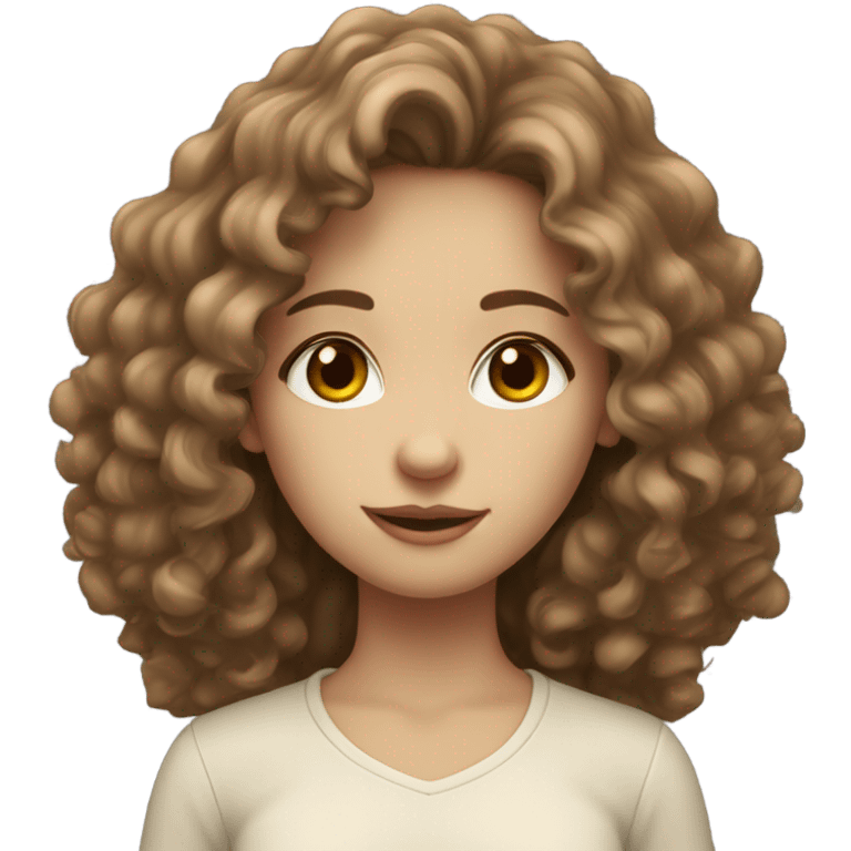 pale girl with long curly brown hair. Brown eyes and a fluffy shirt emoji