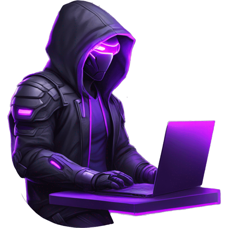 Side view developer behind his laptop with this style : crysis Cyberpunk Valorant neon glowing bright purple character purple violet black hooded assassin themed character emoji