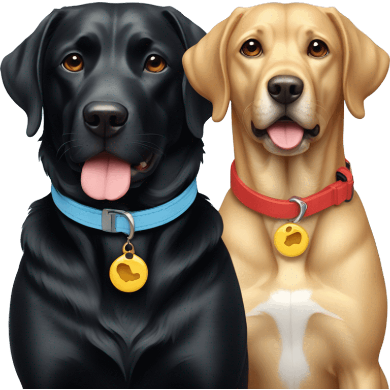 2 dogs, black labradors. one on the left smaller. The dog on left with a light blue collar. dog on right with red collar. emoji