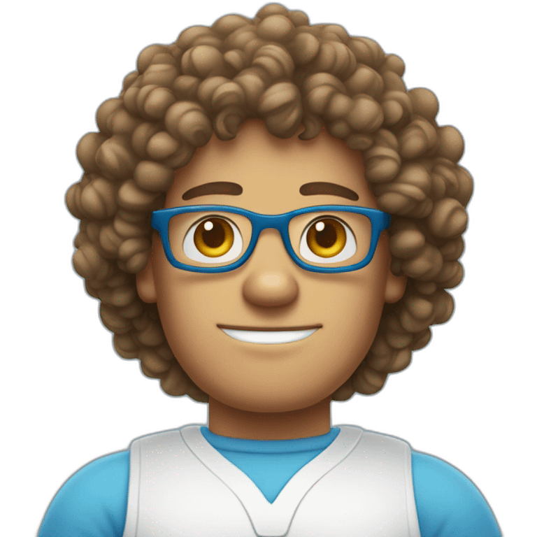 Curly haired blue eyedversion of Mr Clean arms crossed with glasses emoji