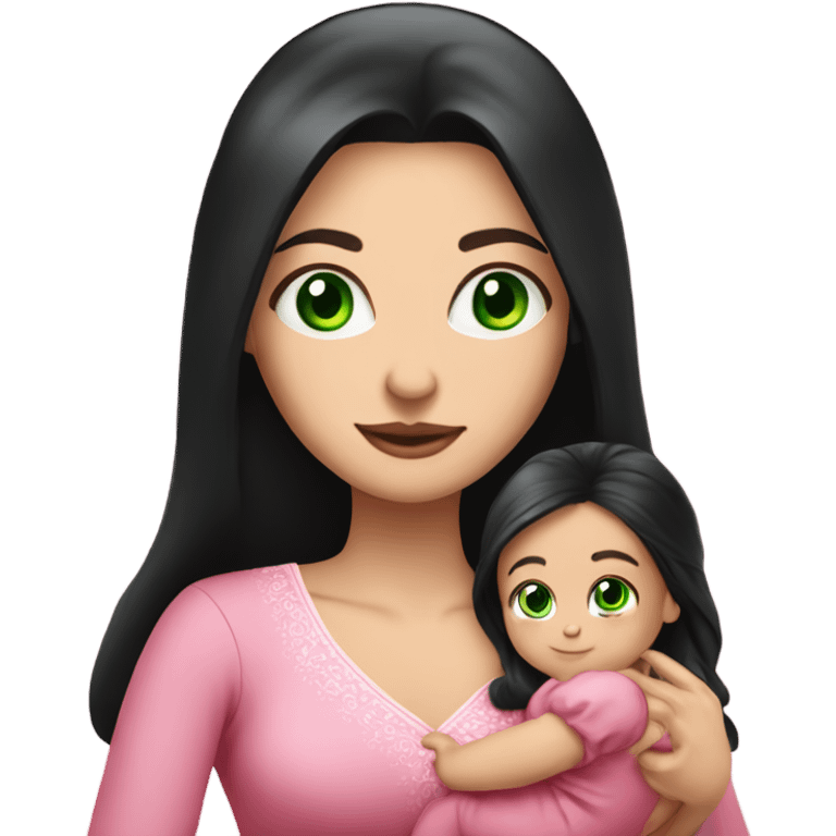 Beautiful Russian lady with green eyes and very long black hair pink clothes holding baby  emoji